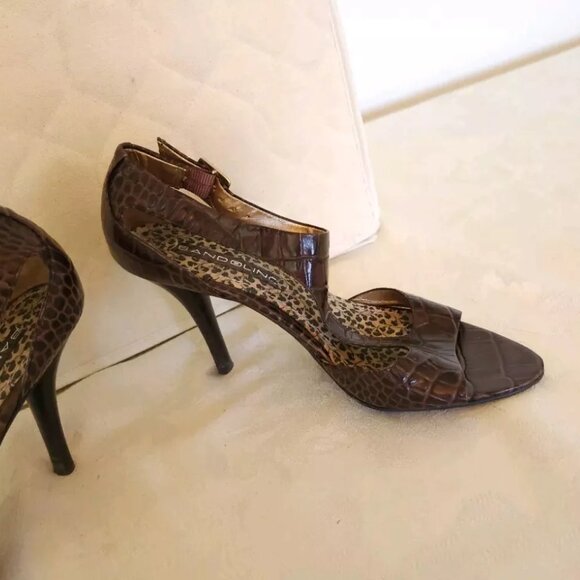 Bandolino Alligator Style Leather High Heels 6.5 6 1/2 M Brown Side Buckle Shoes - Picture 8 of 11